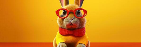 Funny bunny in glasses. Concept banner on the theme of  education with empty space for text. Cute bunny with bow tie on tellow background. photo