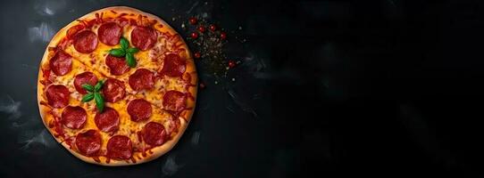 Tasty pizza banner with salame on dark concrete surface.  Top view of hot pepperoni pizza. With copy space for text. Flat lay. photo