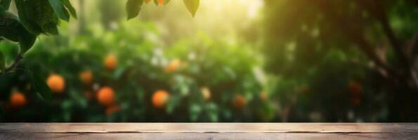 Wooden table place of free space for your decoration and orange trees with fruits in sun light. For montage product display or design key visual layout. Photomontage composition. photo