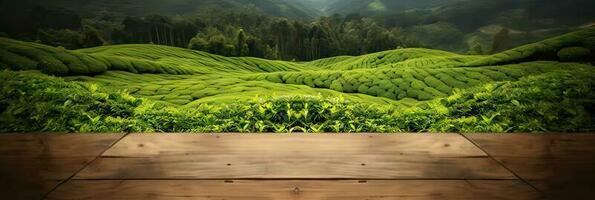 Wooden table terrace with backdrop garden plantation against the sky and the mountains background. Product photo display. Photomontage composition.