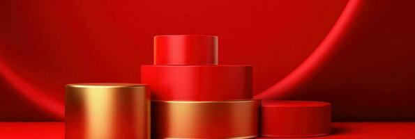 Red modern style one podium product showcase with golden ring frame Japanese style pattern background. A luxury stage for product advertising. photo