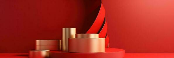 Red modern style one podium product showcase with golden ring frame Japanese style pattern background. A luxury stage for product advertising. photo