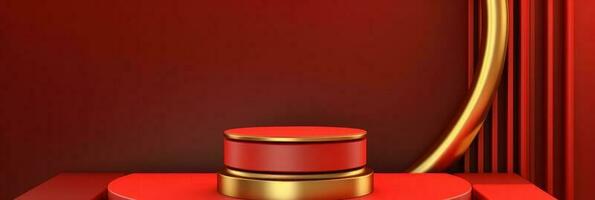 Red modern style one podium product showcase with golden ring frame Japanese style pattern background. A luxury stage for product advertising. photo