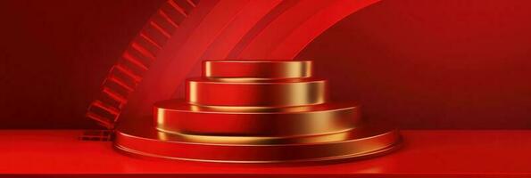 Red modern style one podium product showcase with golden ring frame Japanese style pattern background. A luxury stage for product advertising. photo