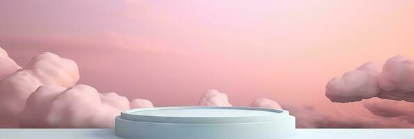 Surreal podium outdoor on blue sky pink gold pastel soft clouds with space. 3d blender composition. Minimalistic showcase from stage and cloud on a blue-pink pastel background photo