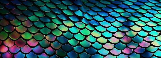 Holographic metal creative background with geometric pattern. Ultra violet neon light holographic trendy mermaid texture banner. Stylized snake or fish or mermaid scales. photo