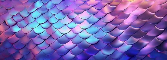 Holographic metal creative background with geometric pattern. Ultra violet neon light holographic trendy mermaid texture banner. Stylized snake or fish or mermaid scales. photo