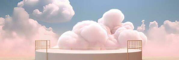 Surreal podium outdoor on blue sky pink gold pastel soft clouds with space. 3d blender composition. Minimalistic showcase from stage and cloud on a blue-pink pastel background photo