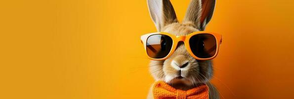 Funny bunny in glasses. Concept banner on the theme of  education with empty space for text. Cute bunny with bow tie on tellow background. photo