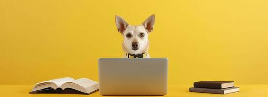 Funny dog in glasses. Concept banner on the theme of online education. Cute puppy on yellow background. photo