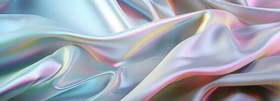 Silk shiny white fabric texture banner in pastel iridescent holographic colors. Abstract texture horizontal copy space background. 3d render. photo