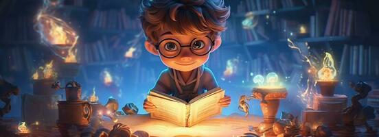 Little boy reading a magic book, fantasy concept. Cartoon illustration. Fairy tale with fantastic light effect. photo