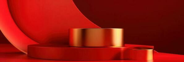 Red modern style one podium product showcase with golden ring frame Japanese style pattern background. A luxury stage for product advertising. photo