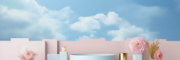 Surreal podium outdoor on blue sky pink gold pastel soft clouds with space. 3d blender composition. Minimalistic showcase from stage and cloud on a blue-pink pastel background photo