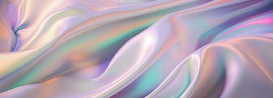 Silk shiny white fabric texture banner in pastel iridescent holographic colors. Abstract texture horizontal copy space background. 3d render. photo