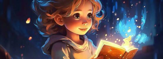 pequeño niña leyendo un magia libro, fantasía concepto. dibujos animados ilustración. hada cuento con fantástico ligero efecto. foto