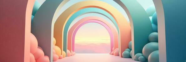 Beautiful abstract colorful corridor with color arch on a sky and cloud background. 3D render composition. photo