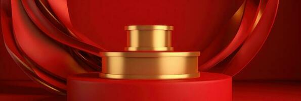 Red modern style one podium product showcase with golden ring frame Japanese style pattern background. A luxury stage for product advertising. photo