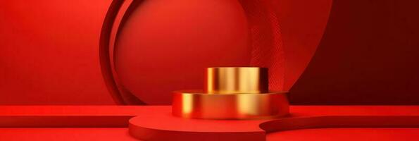 rojo moderno estilo uno podio producto escaparate con dorado anillo marco japonés estilo modelo antecedentes. un lujo etapa para producto publicidad. foto