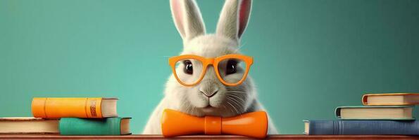 Funny bunny in glasses. Concept banner on the theme of  education with books and empty space for text. Cute bunny on green background. photo