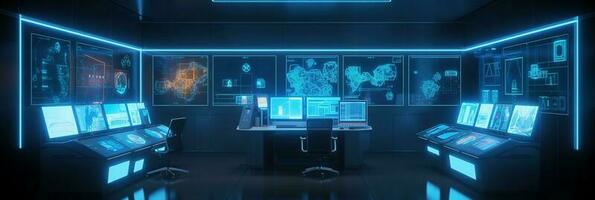 Command center interior banner. 3d room with neon light. Sci-fi concept with screens and workspace. Future surveillance room. photo