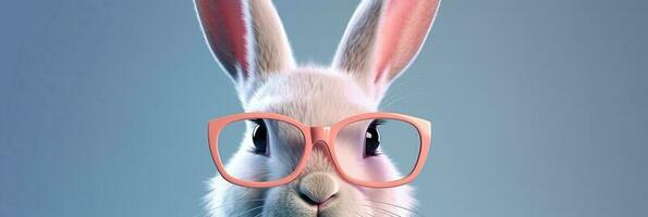 Funny bunny in glasses. Concept banner on the theme of  education with empty space for text. Cute bunny on grey background. photo