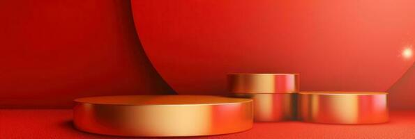Red modern style one podium product showcase with golden ring frame Japanese style pattern background. A luxury stage for product advertising. photo