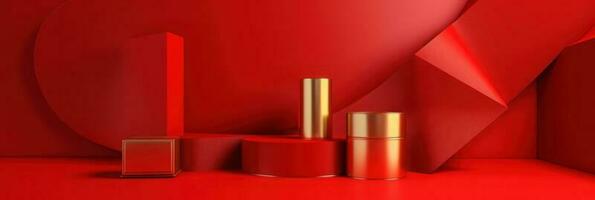 Red modern style one podium product showcase with golden ring frame Japanese style pattern background. A luxury stage for product advertising. photo