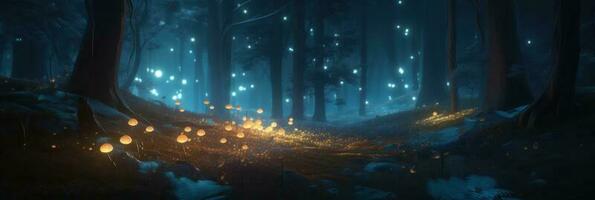 Dark blue fantasy forest fairytale with abstract fireflies bokeh background. 3d rendered composition. photo