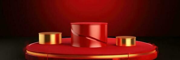 Red modern style one podium product showcase with golden ring frame Japanese style pattern background. A luxury stage for product advertising. photo