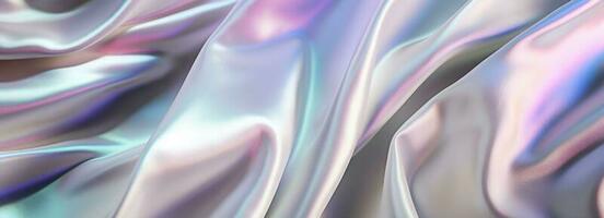 Silk shiny white fabric texture banner in pastel iridescent holographic colors. Abstract texture horizontal copy space background. 3d render. photo