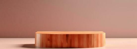 Empty wooden podium on table over modern  background. Interior mock up for design and product display photo