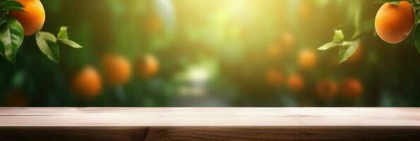 Wooden table place of free space for your decoration and orange trees with fruits in sun light. For montage product display or design key visual layout. Photomontage composition. photo