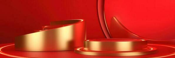 Red modern style one podium product showcase with golden ring frame Japanese style pattern background. A luxury stage for product advertising. photo