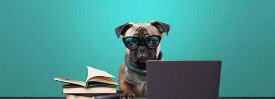 Funny dog in glasses. Concept banner on the theme of online education. Cute puppy on blue background. photo