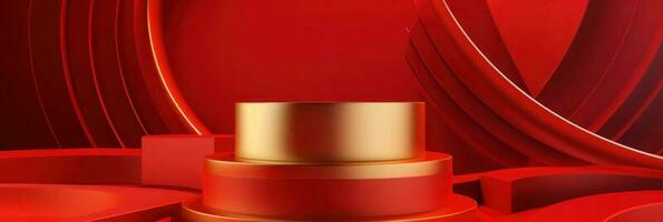 Red modern style one podium product showcase with golden ring frame Japanese style pattern background. A luxury stage for product advertising. photo