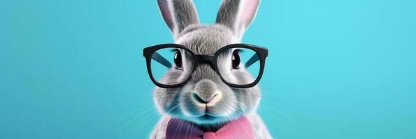 Funny bunny in glasses. Concept banner on the theme of  education with empty space for text. Cute bunny with bow tie on blue background. photo