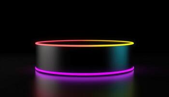 3D dark full podium with neon rainbow light on a black background. Empty stage for product presentation or fashion show performance, pedestal in nightclub dance floor photo