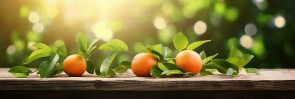 Wooden table place of free space for your decoration and orange trees with fruits in sun light. For montage product display or design key visual layout. Photomontage composition. photo