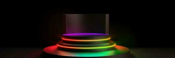 3D dark full podium with neon rainbow light on a black background. Empty stage for product presentation or fashion show performance, pedestal in nightclub dance floor photo