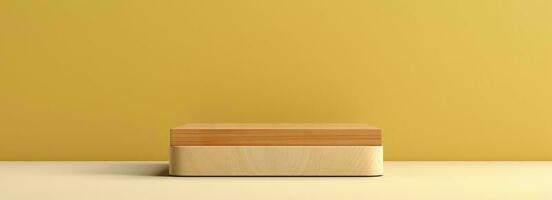 Empty wooden podium on table over modern  background. Interior mock up for design and product display photo