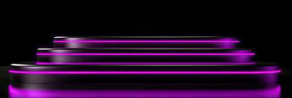 A neon podium on a black background. Podium for promotion brand. Empty stage for product presentation or fashion show performance, pedestal in nightclub dance floor glowing in darkness. photo