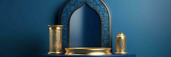 3D render Islamic decoration, Iftar, Eid, lanterns, cannonballs, text space and podium with gold inserts. Ramadan style composition. photo