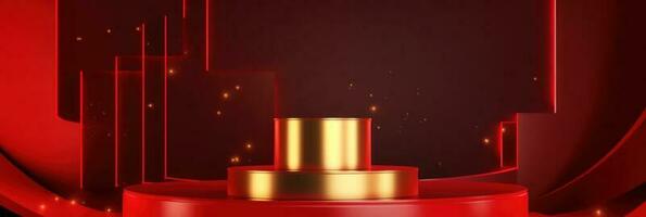 Red modern style one podium product showcase with golden ring frame Japanese style pattern background. A luxury stage for product advertising. photo