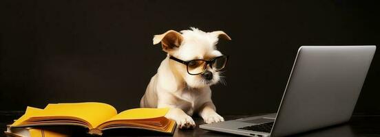 Funny dog in glasses. Concept banner on the theme of online education. Cute puppy on black background. photo