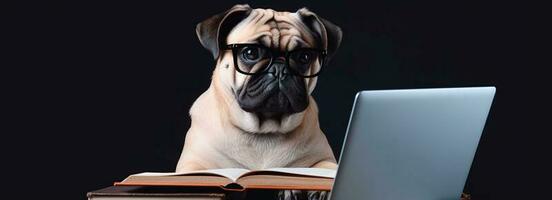 Funny dog in glasses. Concept banner on the theme of online education. Cute puppy on black background. photo