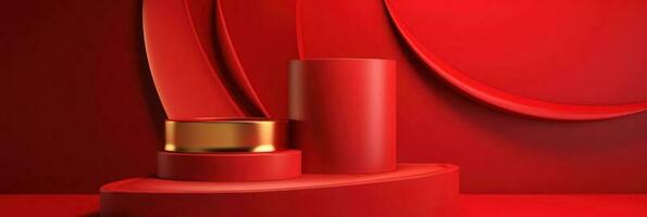 Red modern style one podium product showcase with golden ring frame Japanese style pattern background. A luxury stage for product advertising. photo