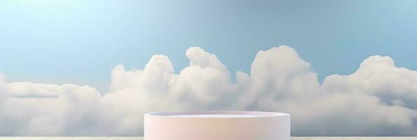 Surreal podium outdoor on blue sky pink gold pastel soft clouds with space. 3d blender composition. Minimalistic showcase from stage and cloud on a blue-pink pastel background photo