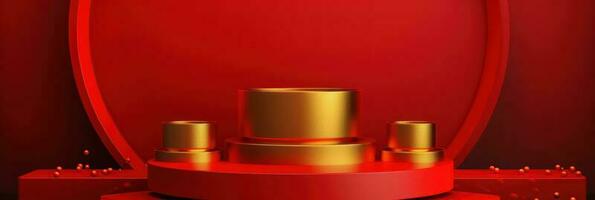 Red modern style one podium product showcase with golden ring frame Japanese style pattern background. A luxury stage for product advertising. photo