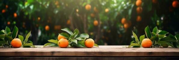 Wooden table place of free space for your decoration and orange trees with fruits in sun light. For montage product display or design key visual layout. Photomontage composition. photo